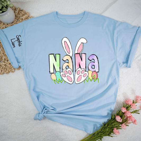 Personalized Nana Easter Shirt with Bunny Ears and Paw Print Design, Custom Grandma Name T Shirt, Spring Family Outfit, Cute Pastel Graphic Top for Mom and Grandma