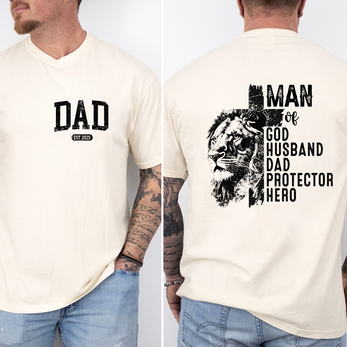 Men of God Husband Dad Protector Hero Lion T-Shirt, Custom Father's Day Gift for Dad, EST 2025