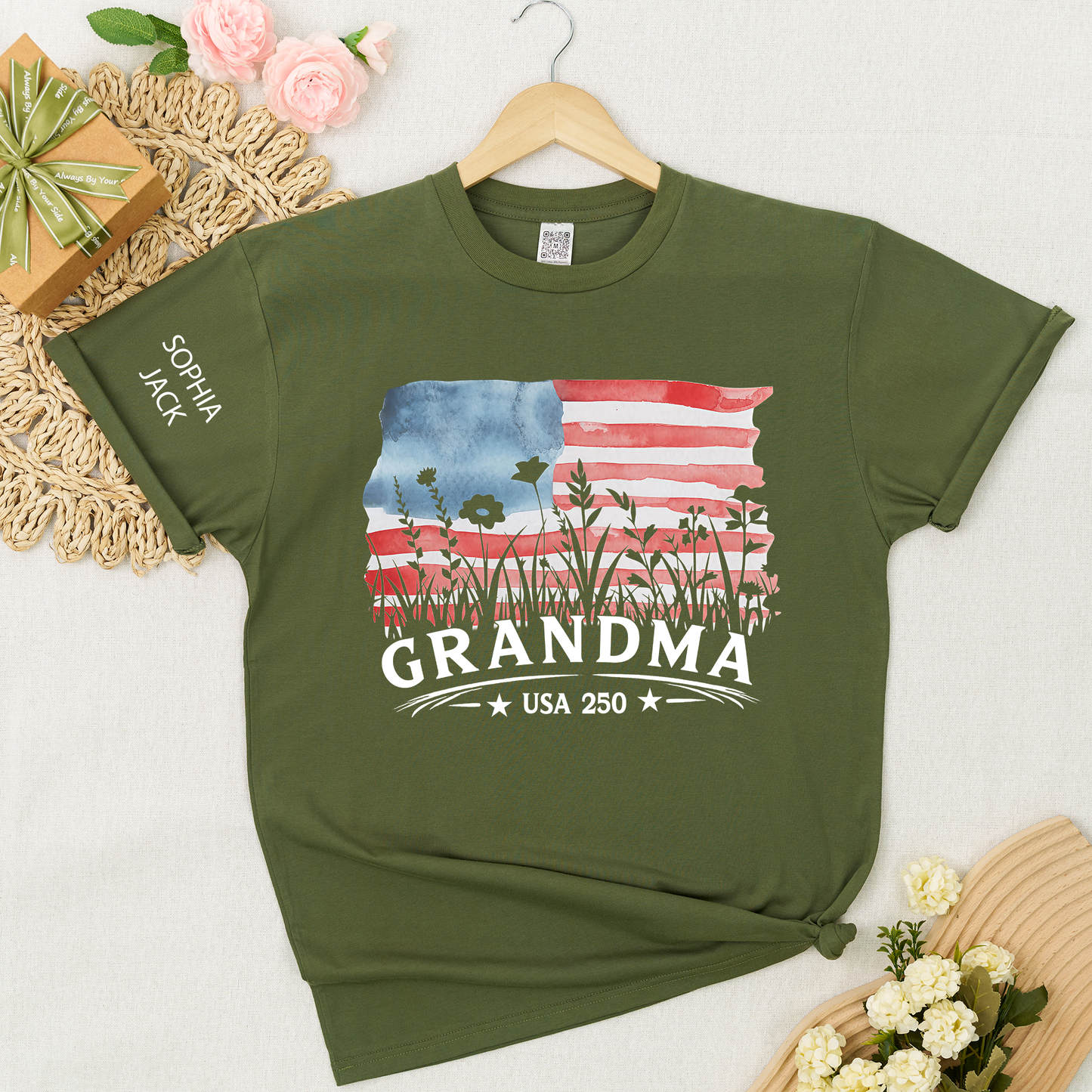 Personalized Grandma Shirt Patriotic USA Flag Wildflower Design Custom Nana Mimi Gigi Name Tee U.S. 250th Anniversary 4th of July Family Outfit