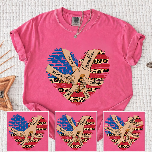 Comfort Color Personalized Grandma Shirt Patriotic Heart American Flag Leopard Design Custom Nana Mimi Gigi Name Tee with Grandkids Names Family 4th of July Outfit