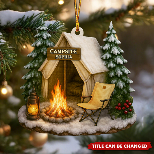 Custom Campsite Acrylic Ornament – Personalized Christmas Gift for Campers, RV Lovers, Outdoor Families – Cozy Holiday Scene Ornament