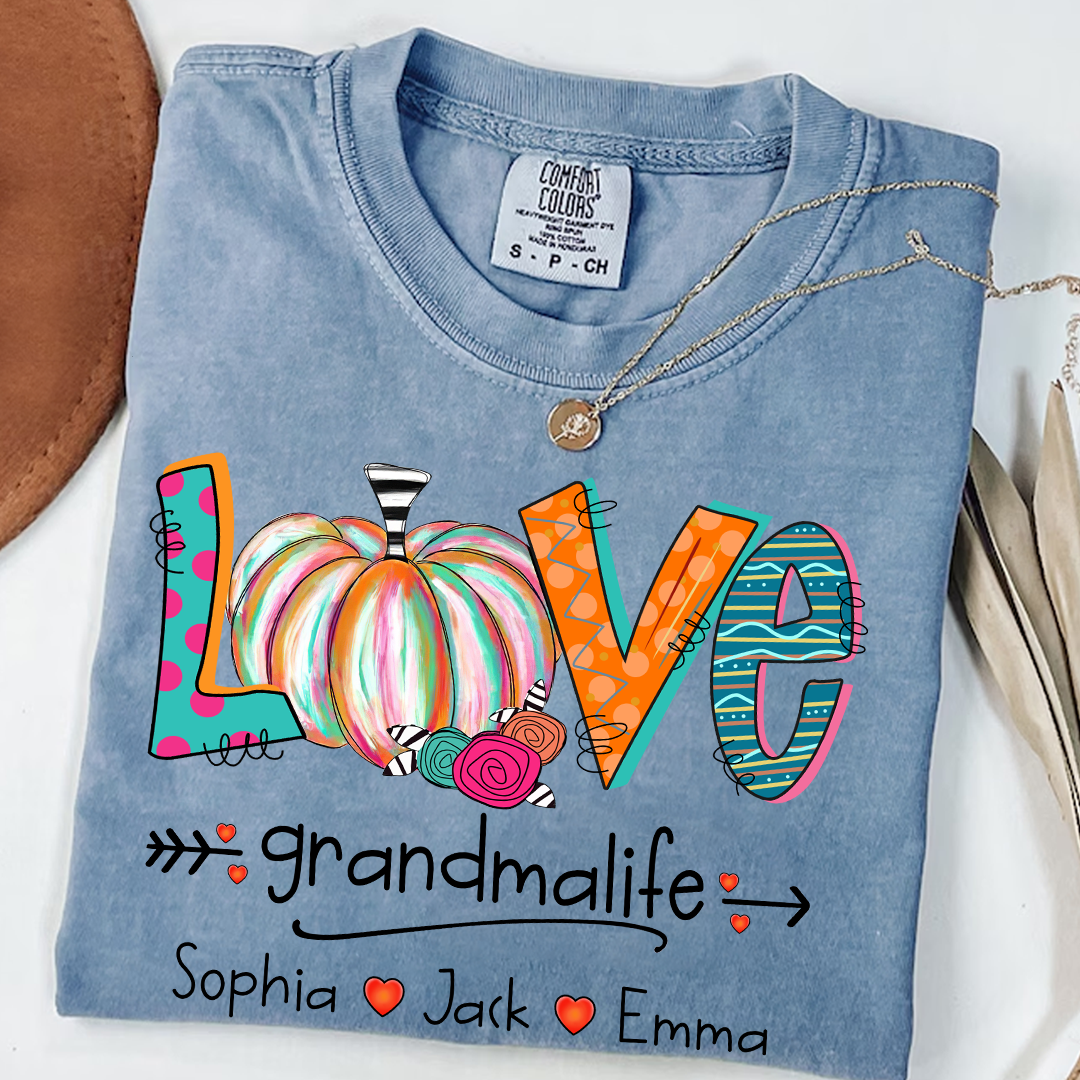 Comfort Colors® Grandma Life Pumpkin Shirt with Grandkids Names – Fall Personalized Gift for Nana, Gigi