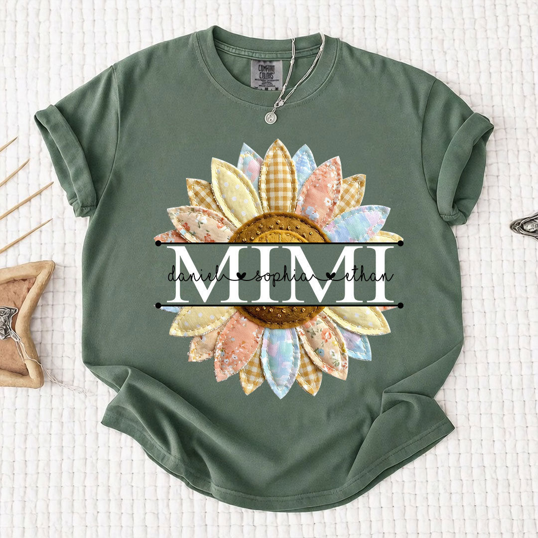 Comfort Colors Personalized Mimi Sunflower Patchwork Shirt Custom Grandma Nickname Tee With Grandkids Names Nana Gigi Grandma Floral Sunflower Design Family Gift Mothers Day Grandma Apparel