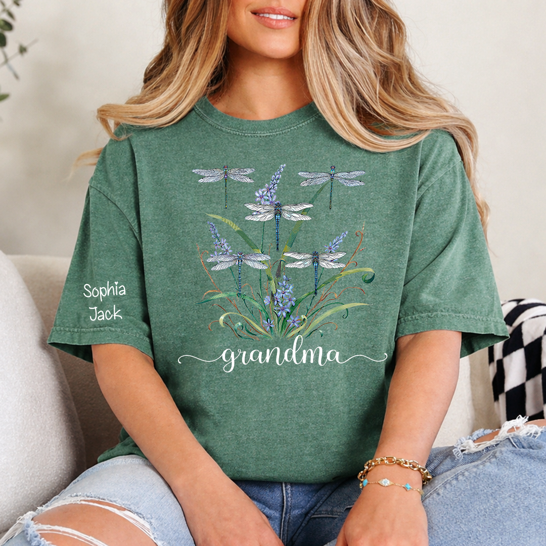 Personalized Grandma Shirt Dragonfly Floral Graphic Custom Grandkids Names Women Family Love Mimi Nana Gigi Mama Casual Short Sleeve T Shirt