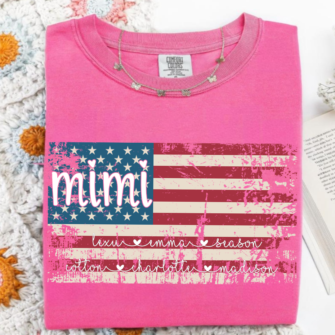 Comfort Colors Personalized Mimi American Flag Shirt With Grandkids Names, Custom Patriotic Mimi Shirt for Family, Meaningful USA Flag Design Apparel for Women and Grandma