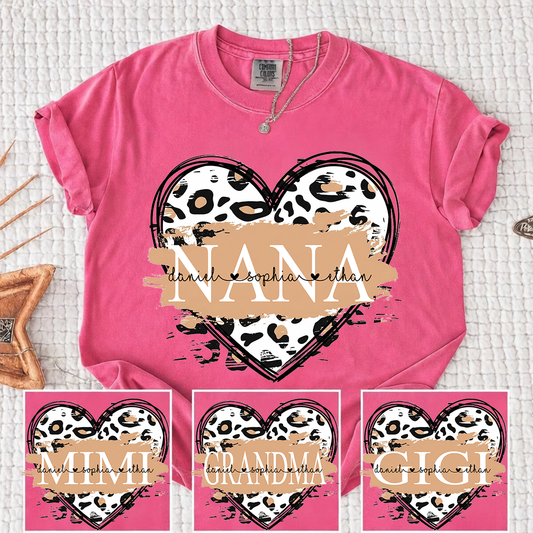 Comfort Colors Personalized Nana Shirt Leopard Heart Design Custom Mimi Grandma Gigi Name Tee with Grandkids Names Stylish Family Outfit for Women