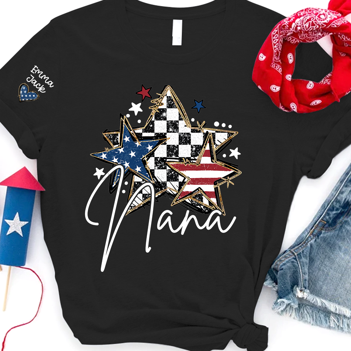 Custom Nana Flag Star T-shirt, Grandma Shirt with Kids, Mother's Day Gift for Grandma