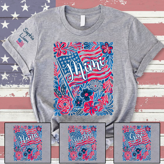 Personalized Mimi Shirt with Kids Names Patriotic Floral Design USA Flag Custom Family Tee