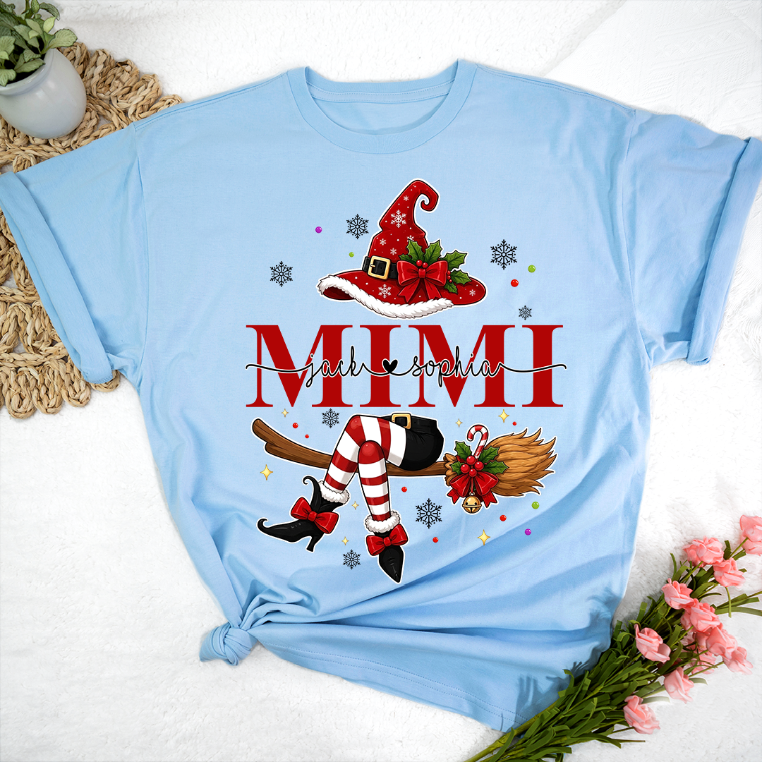 Funny Mimi Holiday Shirt, Christmas Santa Witch Legs Graphic Tee, Personalized Grandma T Shirt, Cute Winter Gift for Women