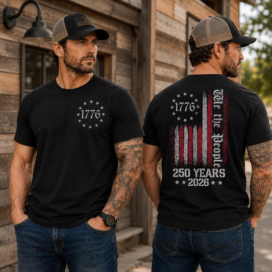We The People 250 Years Shirt, Patriotic USA Flag Back Print Tee, 1776-2026 American Freedom T-Shirt, Vintage Independence Day Shirt for Men