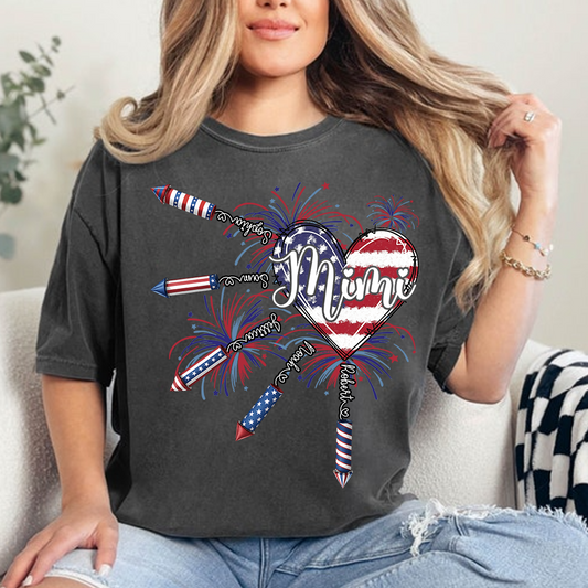 Patriotic Mimi Shirt with Firework Heart and American Flag Design for 4th of July