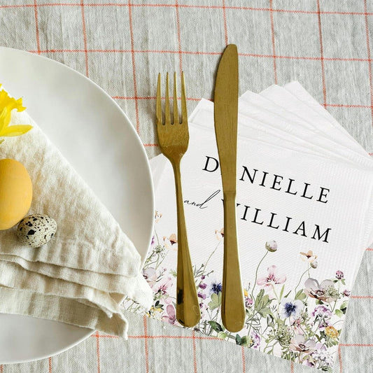 Personalized Wedding Napkins | Custom Wedding Napkins | Flower Border Cocktail Napkin | Save The Date Dinner Bridal Shower Engagement Party