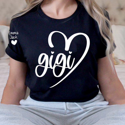 Personalized Gigi Shirt for Grandma, Custom Family T-Shirt with Heart Design and Custom Names