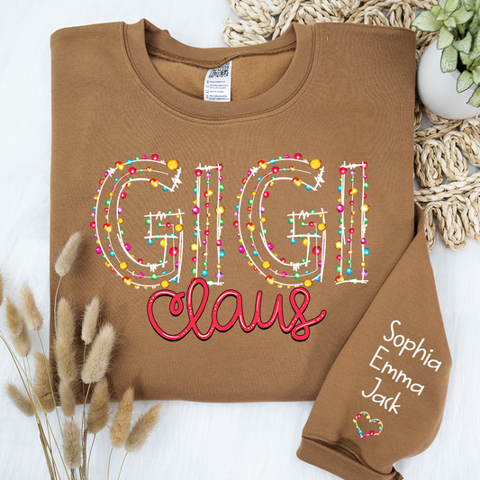 Personalized Gigi Claus Christmas lights And Grandkids Christmas Merry Sweatshirt