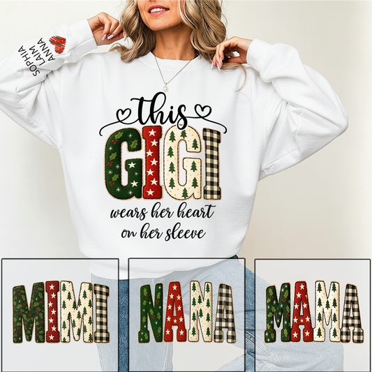 Vintage Grandma Sweatshirt, Patchwork Holiday Letters Sublimation, Grandma Wears Heart on Sleeve
