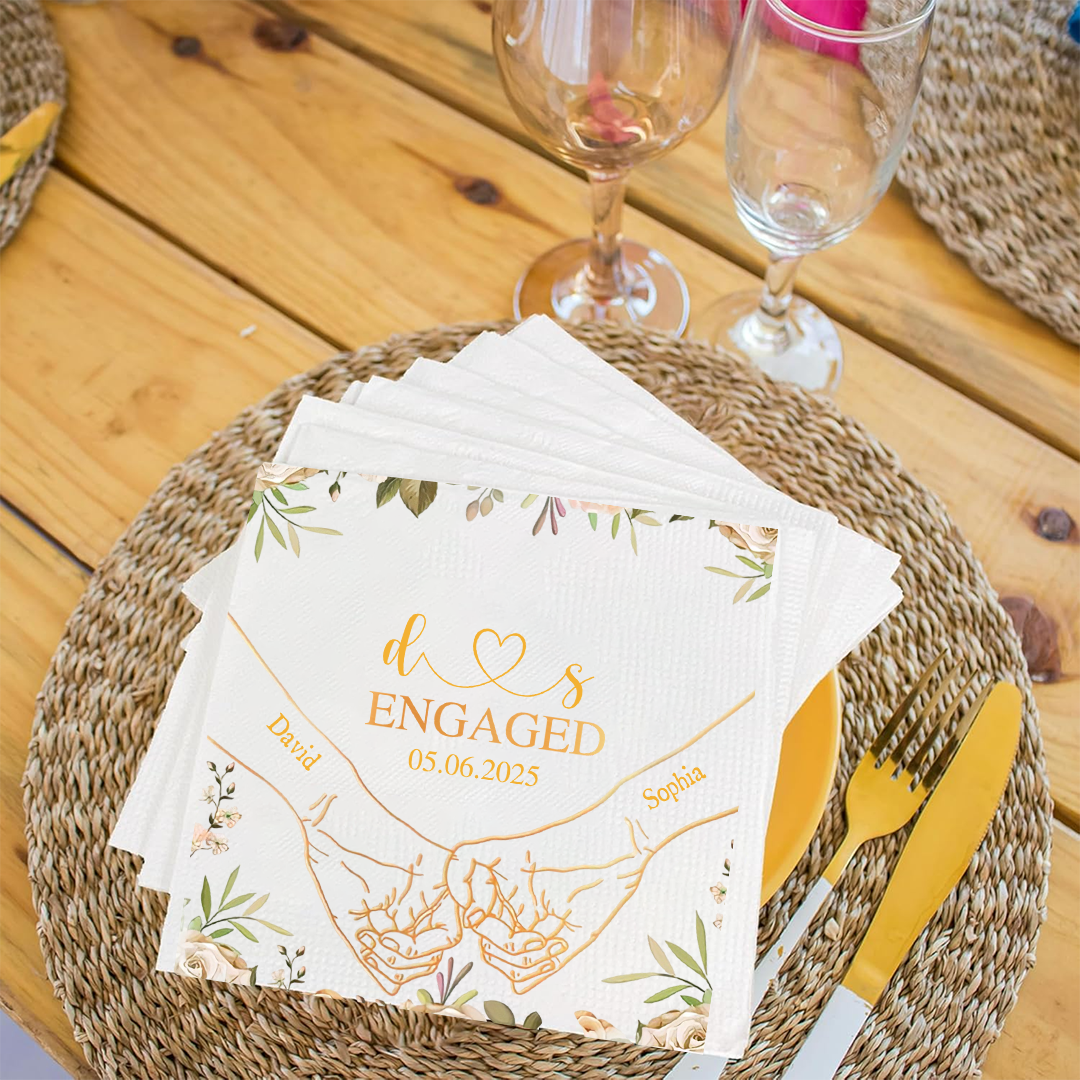 Personalized Engagement Napkins with Holding Hands & Names – Custom Date