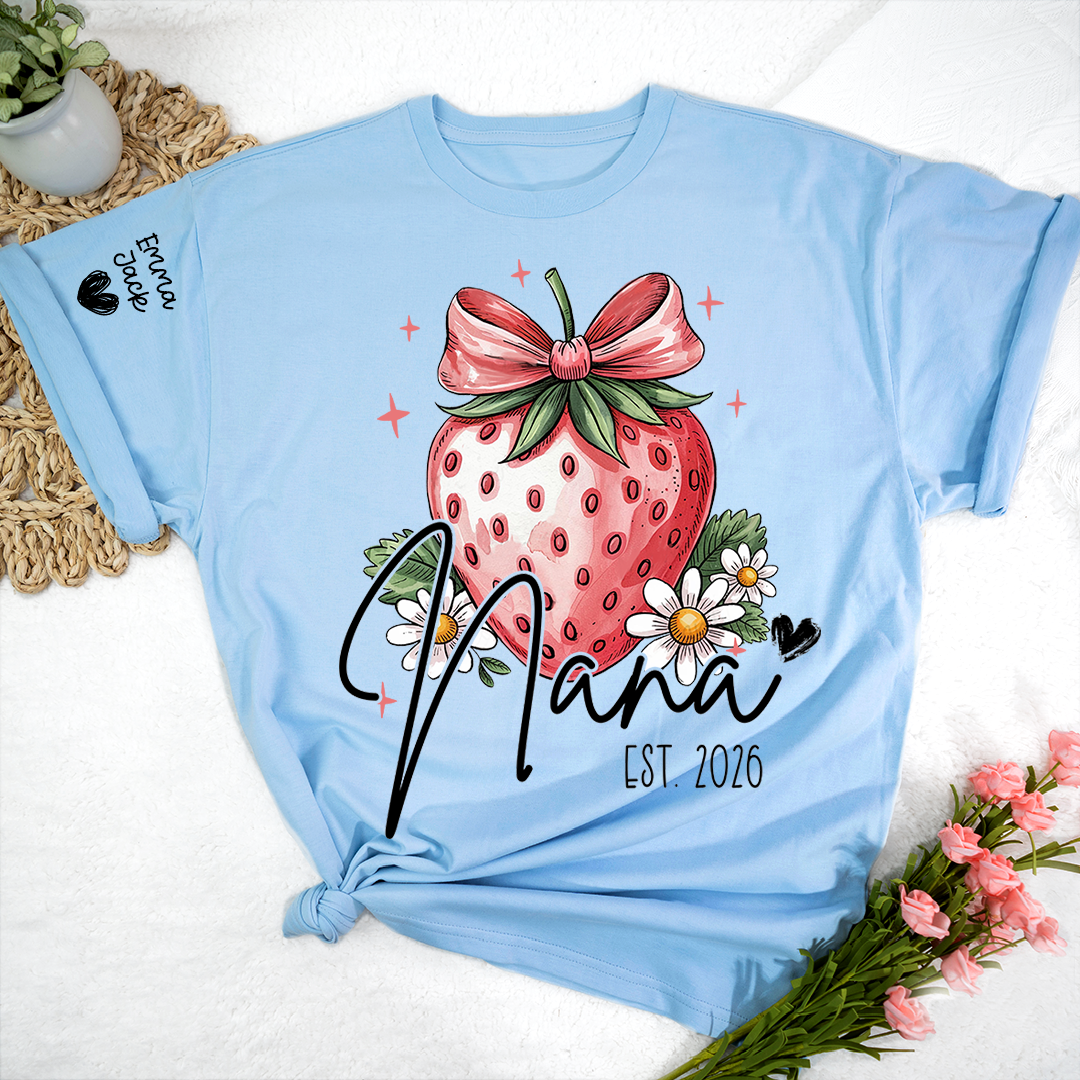 Mimi Strawberry Shirt, Cute Bow Floral Graphic Tee, Personalized Grandma T Shirt, Gift for Mimi from Family