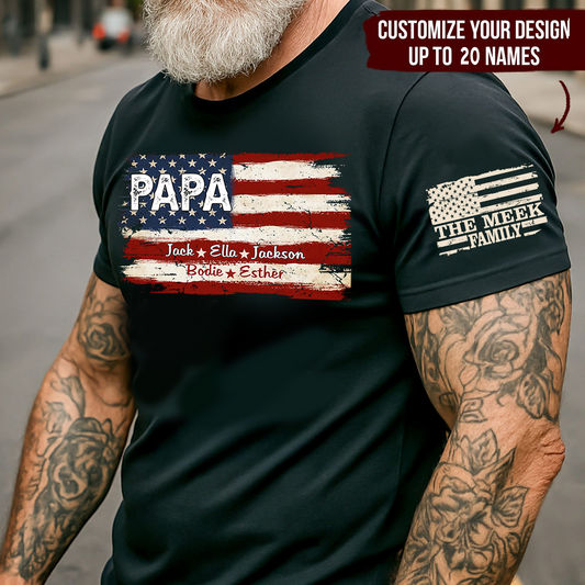 Personalized Papa American Flag Shirt, Custom Dad T-Shirt with Kids Names, Patriotic Family Gift