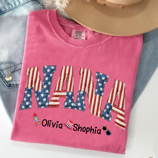 Comfort Colors Personalized Nana T-Shirt with American Flag Design – Custom 4th of July Gift for Nana with Grandkids Names