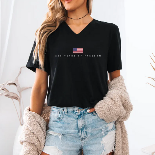 250 Years of Freedom V-Neck Shirt, Patriotic USA Flag Tee, American Freedom 1776-2026 T-Shirt, Vintage Independence Celebration Top for Men and Women