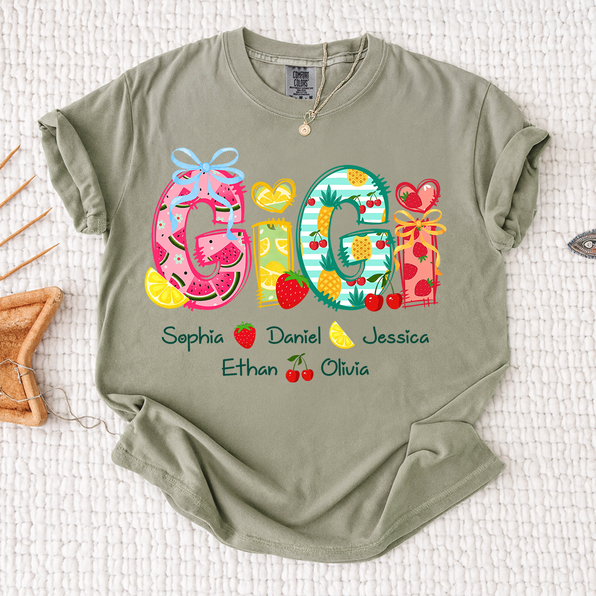 Comfort Colors Custom Gigi Shirt for Grandma, Personalized Family Name T Shirt, Summer Fruit Graphic Tee with Kids Names
