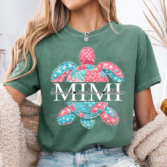 Custom Mimi T Shirt with Grandchildren Names, Colorful Patchwork Sea Turtle Graphic Tee, Beach Lover Gift for Women