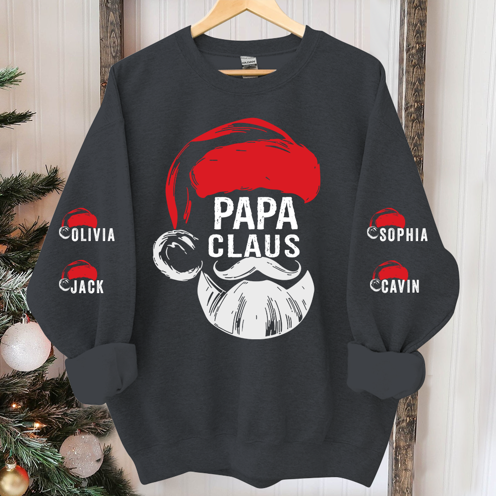 Personalized Papa Claus Sweatshirt, Custom Grandpa With Grandkids Name On The Sleeve Sweatshirt