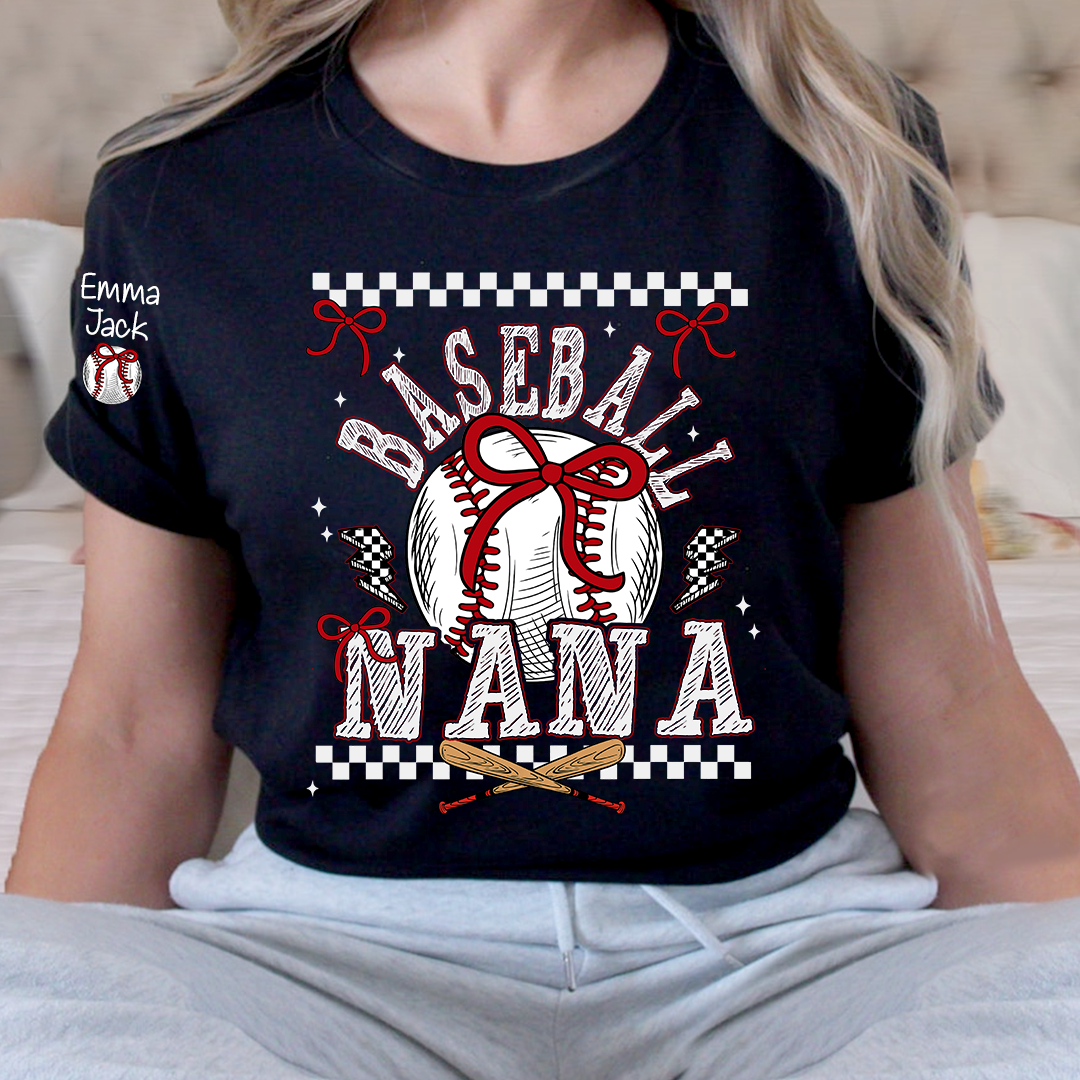 Baseball Nana T-Shirt, Personalized Nana T-Shirt with Bow and Vintage Baseball Design