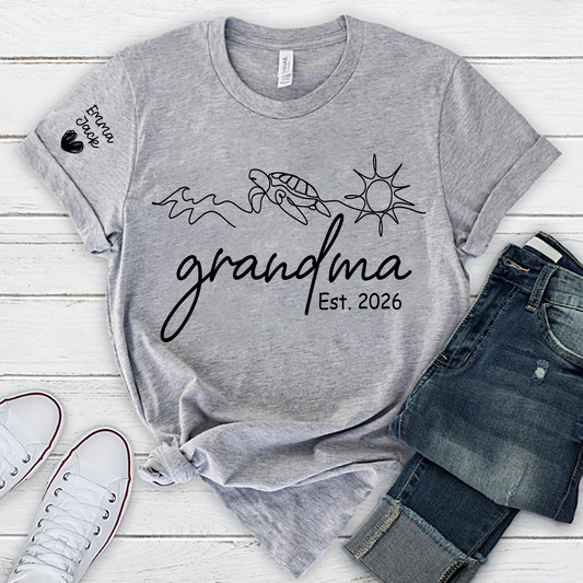 Personalized Grandma Nature Shirt, Sea Turtle Botanical Graphic Tee, Custom Sleeve Names T Shirt, Ocean Lover Gift for Grandma