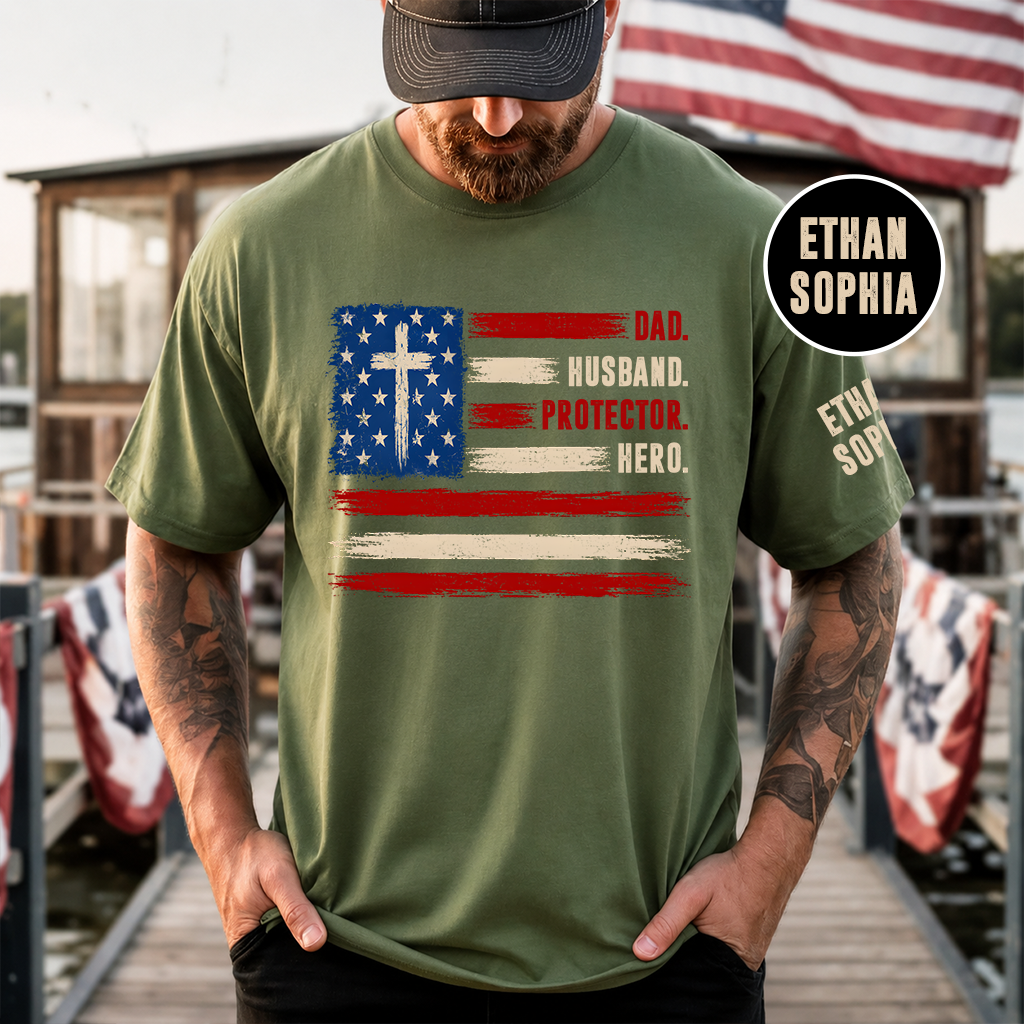 Dad Husband Protector Hero T-Shirt – Personalized Names Patriotic Gift for Father Papa Birthday Fathers Day
