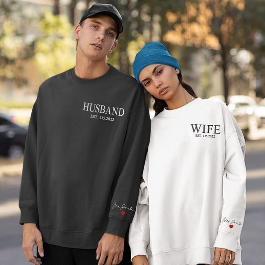 Custom Wife and Husband Embroidered Sweatshirt With Est Date, Custom Husband Est 2024 Hoodie, Custom Embroidered on Sleeve Wife Husband Hoodie, Sweatshirt
