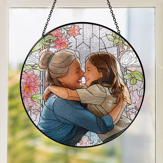Personalized Grandma And Grandkid Stained Glass Suncatcher, Custom Photo Family Window Hanging Ornament, Birthday, Mother's Gift For Grandma