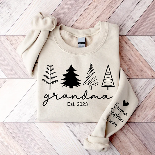 Christmas Tree Sweatshirt, Custom Grandma Est & Kids, Grandma Gift TH Sweatshirt