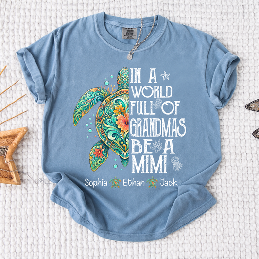 Cute Mimi Turtle Shirt for Women, Personalized Family Names T Shirt, Coastal Sea Life Graphic Tee, Gift for Grandma from Kids