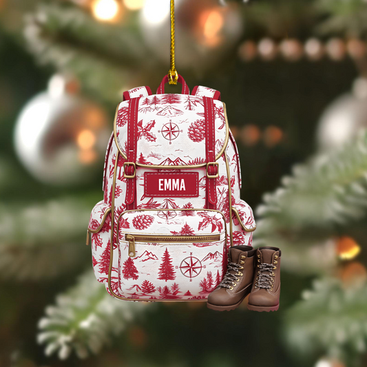 Personalized Backpack Ornament with Hiking Boots – Custom Name Christmas Gift for Campers & Outdoor Lovers Ornament
