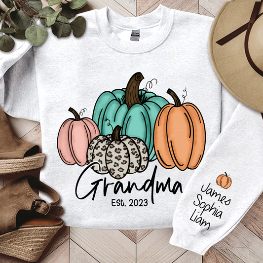 Grandma Est Fall Pumpkin Sweatshirt, Custom Grandma Est And Kids Autumn, Grandma Gift TH