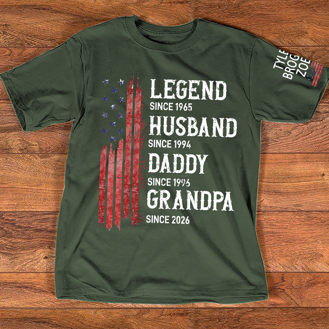 Personalized American Flag Printed T-Shirt For Husband, Father, Grandfather, With Custom Names Of Grandchildren