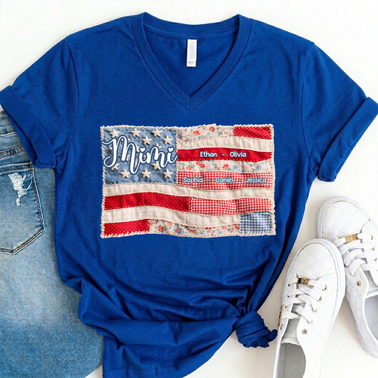 Custom Mimi Shirt for Grandmother Personalized with Kids' Names, American Flag Patchwork Design V-Neck