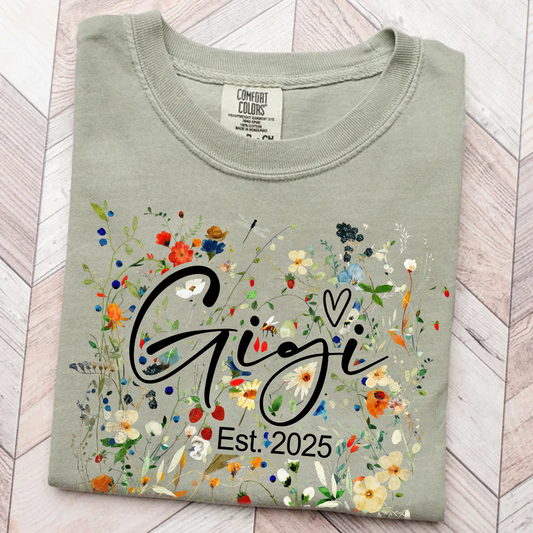 Comfort Colors® Gigi Est Wildflower T-Shirt, Custom Grandma With Grandkids Shirt