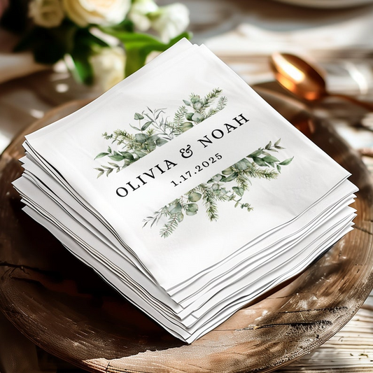 Elegant Greenery Wedding Napkins, Cocktail Napkins, Personalized Wedding, Engagement Party, Rehearsal Dinner, Modern Wedding, Party Decor