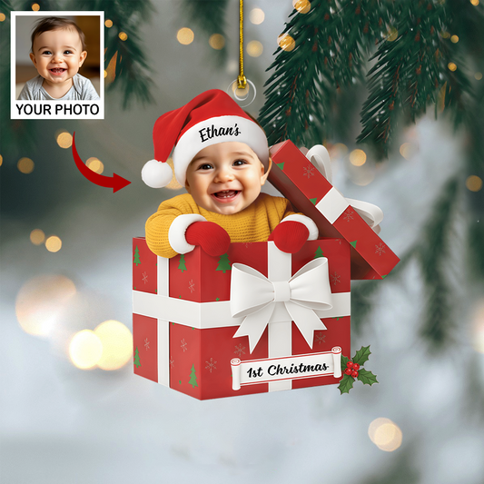 Custom Baby Photo Ornament 2025 – Baby’s 1st Christmas Gift Box Design, Personalized Name Christmas Decoration Ornament
