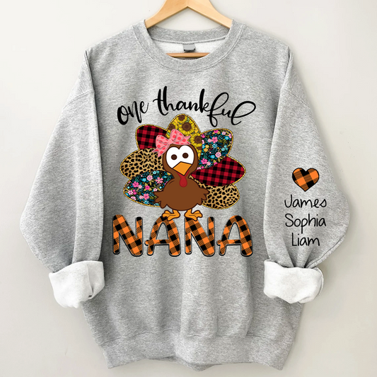 Personalized One Thankful Grandma Turkey Cute Sweatshirt, Custom Grandma and Grandkids Sweatshirt