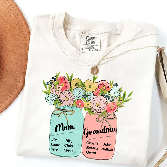 Comfort Colors® Mom & Grandma Kids Flower T-Shirt, Custom Family Names with Floral Design, Perfect Gift for Mom and Grandma