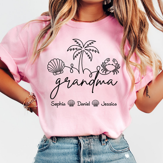 Personalized Grandma Beach Shirt with Grandkids Names, Coastal Palm Tree and Seashell Tee, Custom Summer Family Gift for Grandma