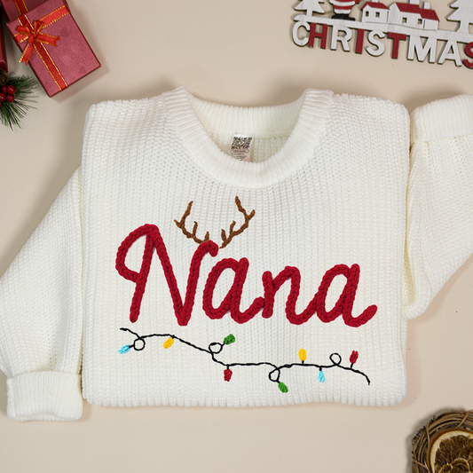 Personalized Nana Hand-Embroidered Sweater, Cozy Christmas Knit Pullover, Unique Holiday Gift for Grandmas and Family