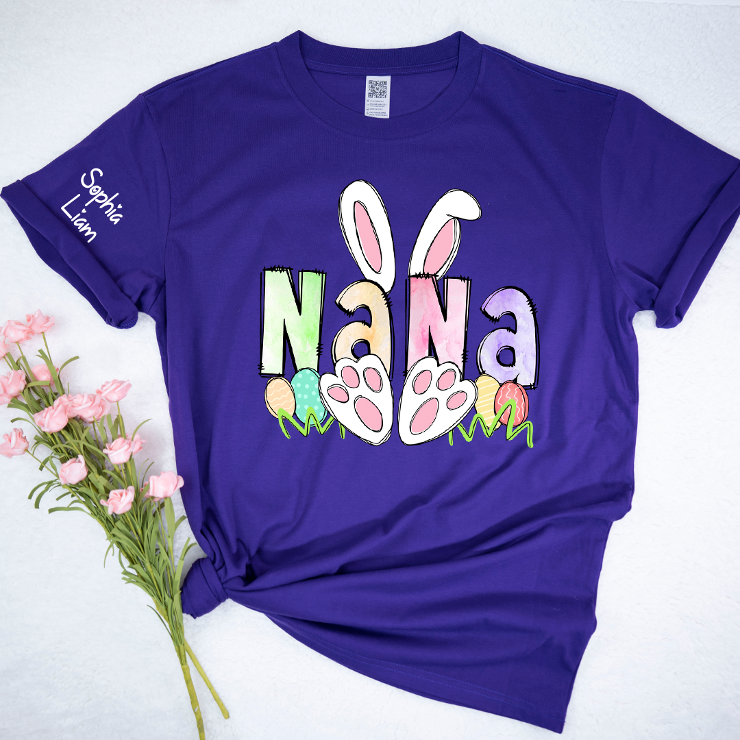 Personalized Nana Easter Shirt with Bunny Ears and Paw Print Design, Custom Grandma Name T Shirt, Spring Family Outfit, Cute Pastel Graphic Top for Mom and Grandma
