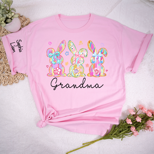 Personalized Grandma Bunny Shirt With Kids Names, Colorful Easter Rabbit Graphic Tee, Custom Family Spring Shirt for Grandma Mimi Nana Gigi