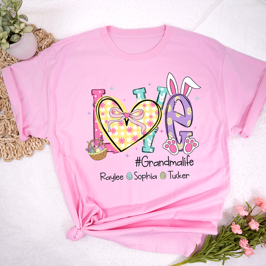 Grandma Easter Shirt - LOVE Bunny Ears Graphic Tee - Personalized Grandkids Names - #Grandmalife Gift - Cute Spring Pink T-Shirt