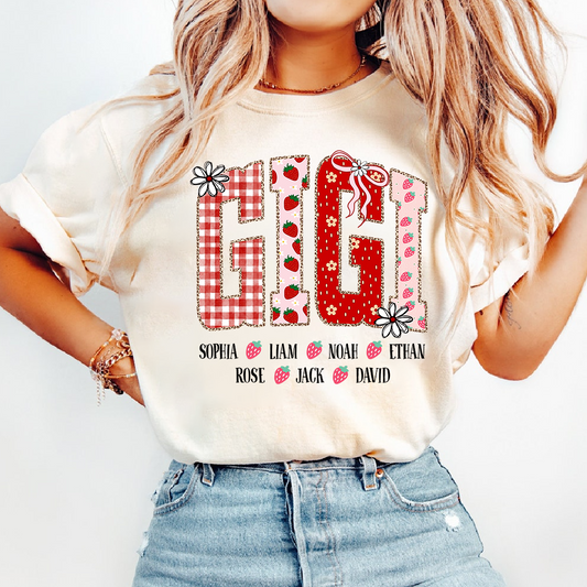 Gigi Personalized Grandma T-Shirt With Strawberry And Flower Motifs, Bearing Her Grandchildren's Names