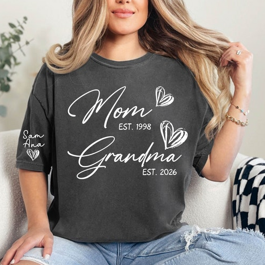 Custom EST Year Mom and Grandma T-Shirt, Personalized Family T-Shirt with Heart Design for Mom & Grandma